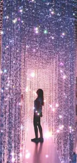 Silhouette in a luminous crystal tunnel with vibrant glow.