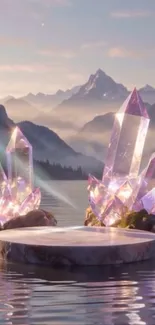 Mystical mountain landscape with crystals.