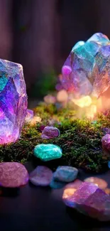 Mystical glowing crystals on mossy forest floor wallpaper.