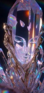 Mystical crystal sculpture with radiant colors in pastel hues.