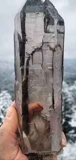 Hand holding a transparent crystal in front of a snowy mountain landscape.