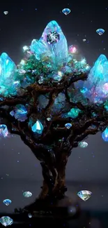 Mystical tree adorned with glowing crystal lights against a dark background.