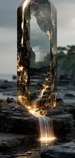 Mystical crystal structure with waterfall in nature.