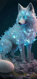 Mystical wolf with glowing crystals in fantasy setting.