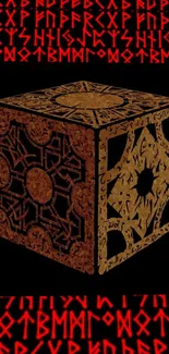 Golden cube with intricate rune design on black and red background wallpaper.