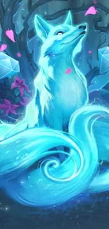 Mystical cyan fox in a fantasy forest setting with blue and pink accents.