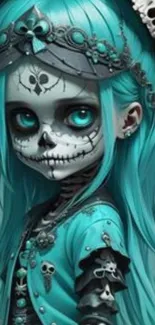 Anime style teal skeleton princess with skull elements and mystical aura.