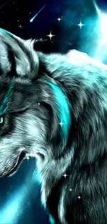 Mystical cyan wolf with cosmic background