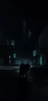 A mystical cyber city with a cat silhouette in a dark, atmospheric street scene.