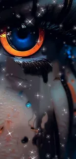 Close-up of a mystical cyber eye with vibrant orange and blue hues in digital art.