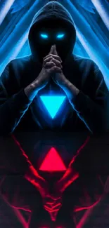 Hooded figure with neon blue and red reflection in a cyber-themed wallpaper.