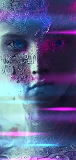 Cybernetic artistic portrait in blue hues and purple accents, tech-inspired.