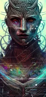 Mystical cybernetic portrait with vibrant colors and intricate designs in a futuristic style.