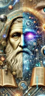 Mystical cyberpunk artwork with ancient wisdom and cosmic elements on a phone wallpaper.