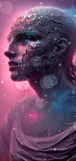 Mystical cyberpunk artwork with vivid pink and blue hues.