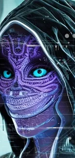 Futuristic cyberpunk mask with turquoise and purple tones in artistic illustration.