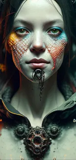 Futuristic cyberpunk portrait with vibrant colors and mysterious expression.