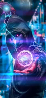 Hooded figure with magical neon energy in a futuristic cityscape.