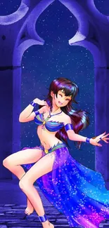 Artistic blue wallpaper featuring a mystical dancer in a fantasy scene.