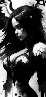 Monochrome dark angel artwork for mobile wallpaper, showcasing mystical and artistic design.