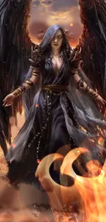 Dark angel with black wings amidst flames on a mystical wallpaper.