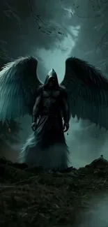 Angel with dark wings stands in a mystical forest.