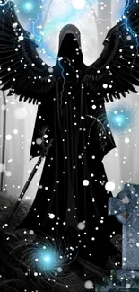 Dark angel with wings in snowy forest wallpaper.