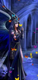 Dark angel with wings in gothic setting.