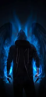 Hooded figure with glowing blue wings in dark setting mobile wallpaper.