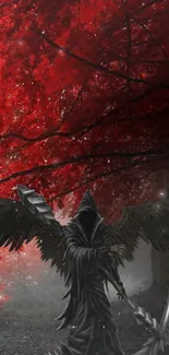 Dark angel with wings under red autumn leaves in a mystical forest.