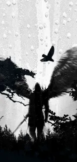 Dark angel with wings and bird in rainy forest wallpaper.