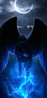 Dark angel with blue glow under a crescent moon.