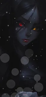 A dark-themed anime character with luminous red and yellow eyes in a mystical setting.