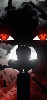 Anime silhouette with red eyes in dark night sky.