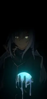 Mystical anime character holding a glowing orb in a dark wallpaper.