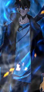 Anime character surrounded by vibrant blue flames on a dark background.