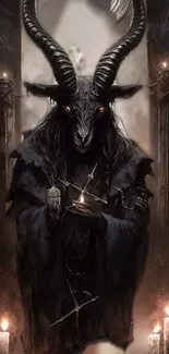 Dark mystical art wallpaper with horned figure.