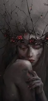 Dark mystical phone wallpaper with floral crown and haunting figure.