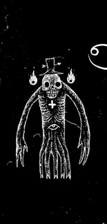 Mystical skeletal figure with surreal elements on a black background wallpaper.