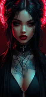 Mystical dark-themed female with neon halo.