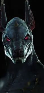 Dark mystical canine with glowing eyes on a black background.