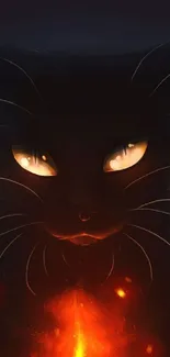 A black cat with glowing eyes and a fiery background in a dark, mystical setting.