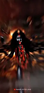 Dark abstract clown art with fiery backdrop