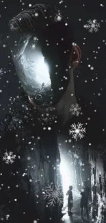 Dark surreal face art with snowflake effects.