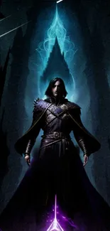 Mystical dark fantasy figure with a blue aura, set against a magical background.