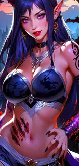 Mystical dark fantasy female warrior artwork with vibrant colors.