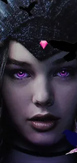 Mystical woman with purple eyes and crows in a dark fantasy setting.