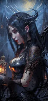 Dark fantasy woman with wings in mystical setting.