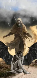 Dark fantasy wallpaper with mysterious figure and wings in a stormy setting.