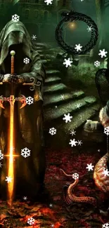 Mystical wallpaper with hooded figure and glowing sword.